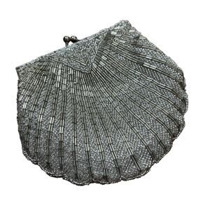 Silver beaded clamshell evening bag dressy prom wedding purse chain kiss clasp